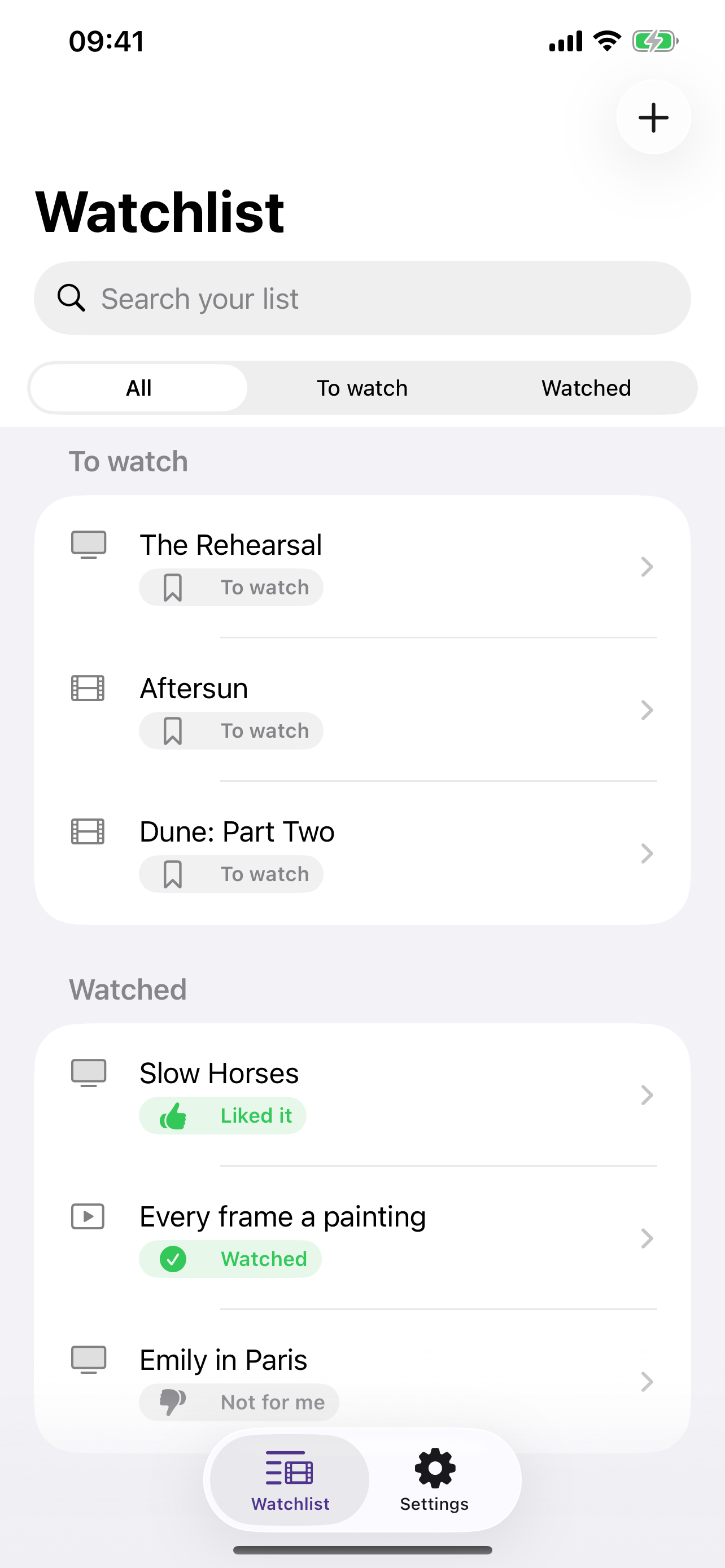 The main list, showing shows and films to watch and already watched