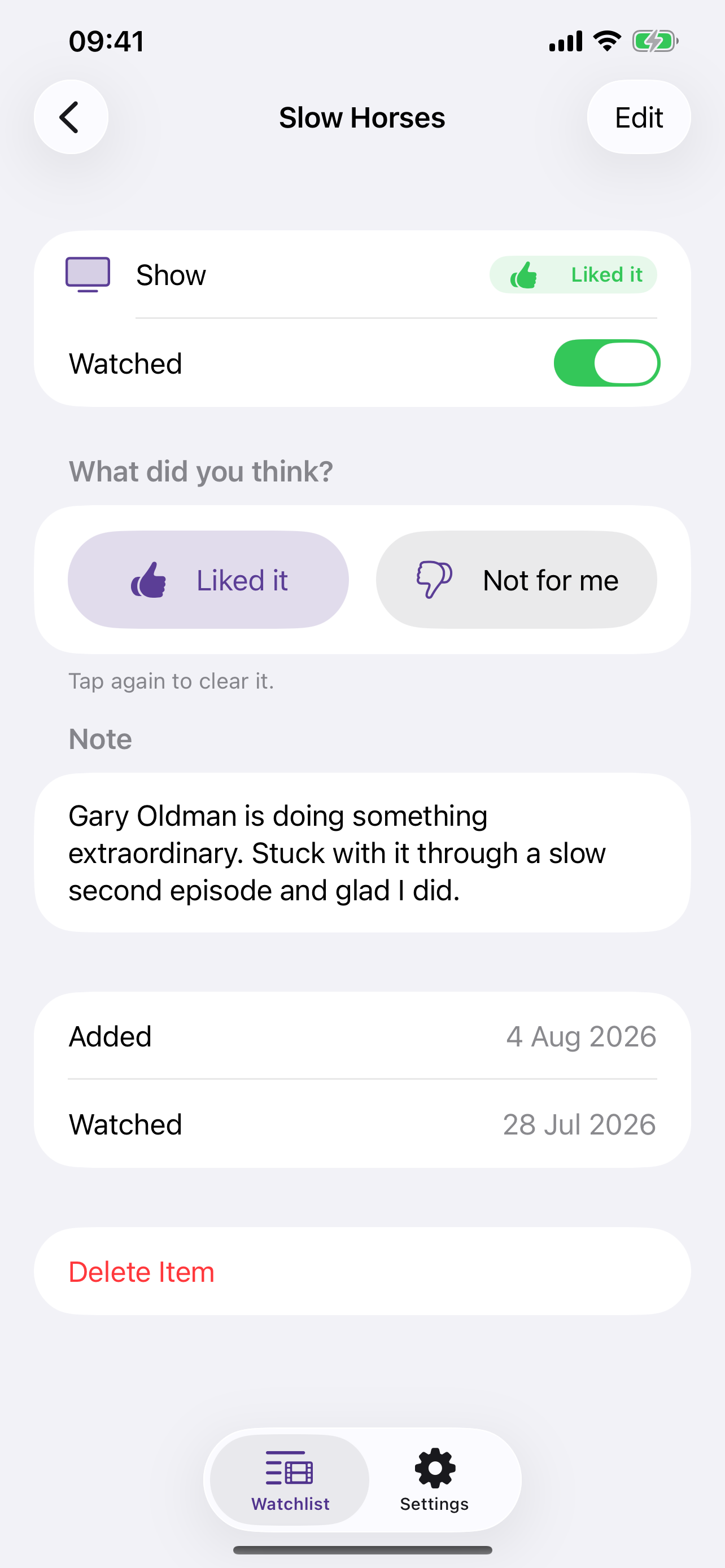An item marked watched, rated, with a note