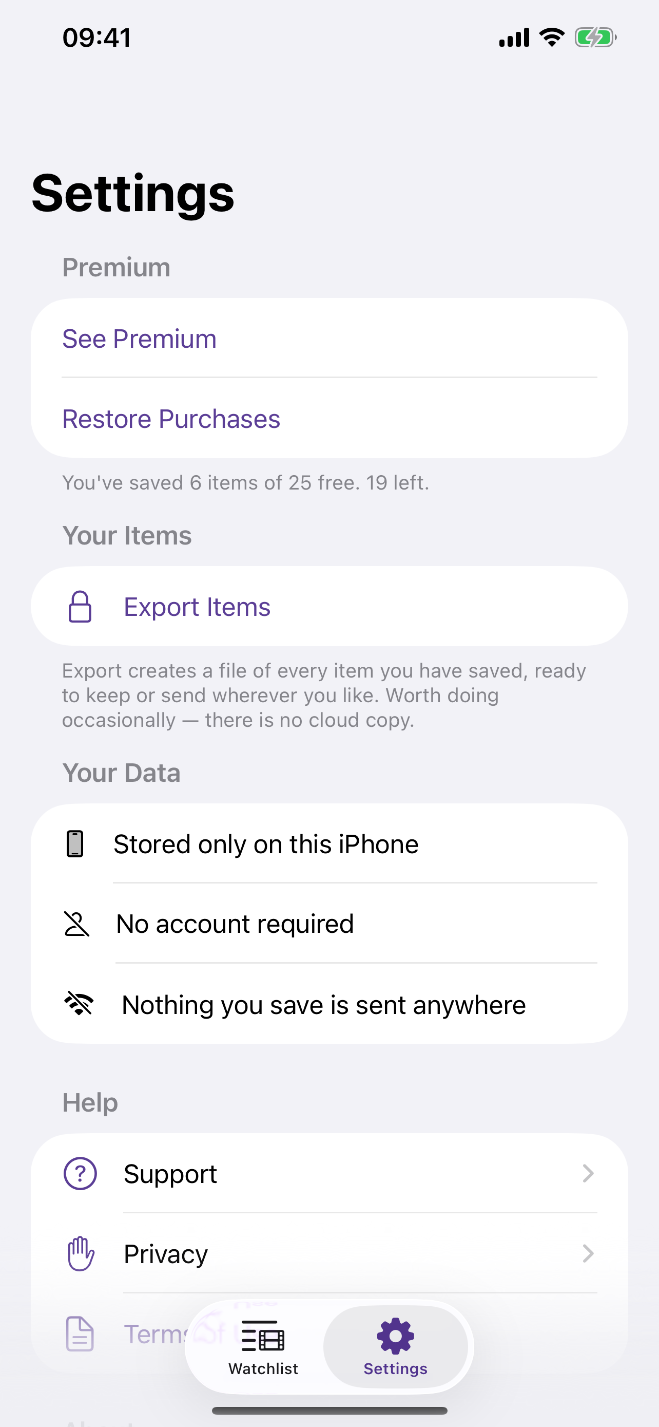 Settings, showing that everything is stored only on the iPhone